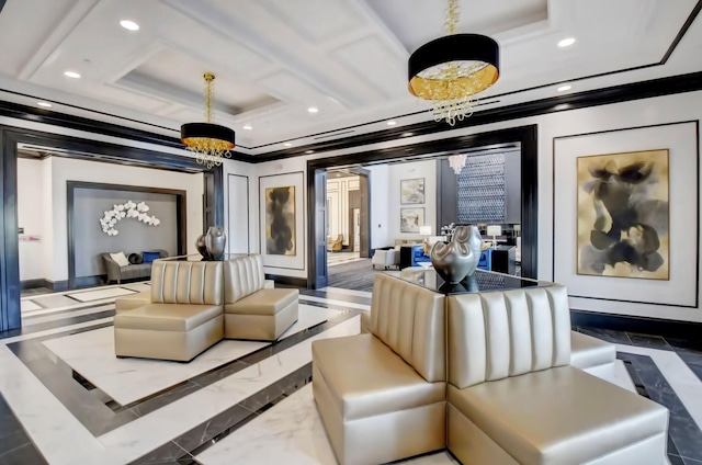 interior space featuring crown molding and a chandelier