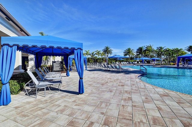 view of pool featuring a gazebo and a patio area