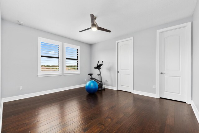 exercise room featuring ceiling fan and dark hardwood / wood-style floors