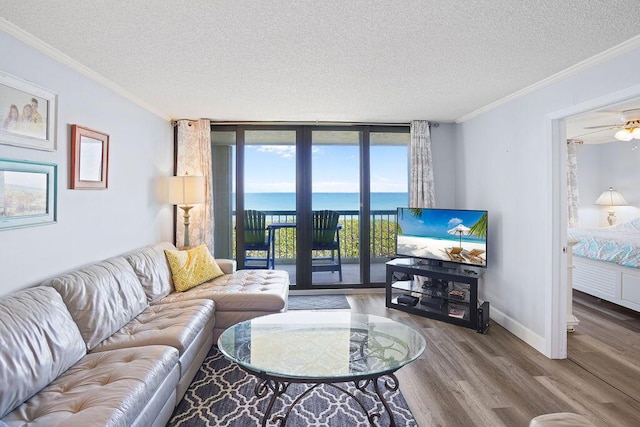 living room featuring floor to ceiling windows, crown molding, ceiling fan, and a textured ceiling