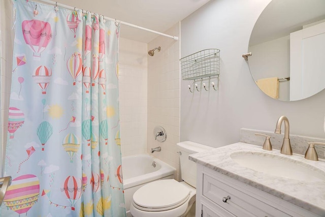 full bathroom with shower / bath combination with curtain, toilet, and vanity