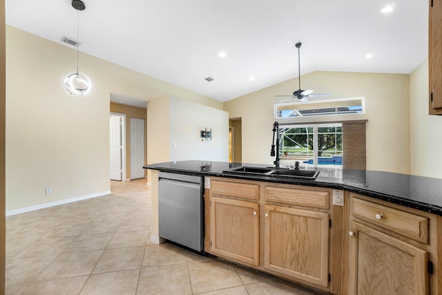 kitchen with pendant lighting, dishwasher, lofted ceiling, sink, and ceiling fan