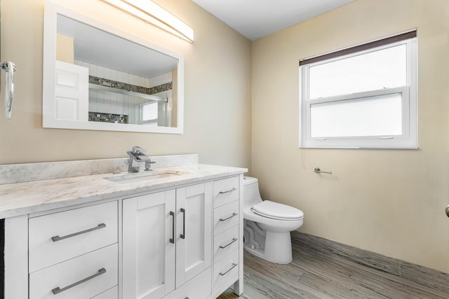 bathroom with vanity, wood-type flooring, a shower with door, and toilet