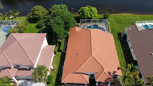 aerial view featuring a water view