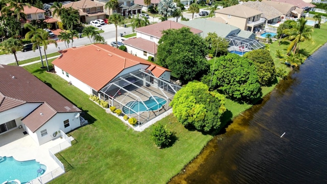 aerial view featuring a water view