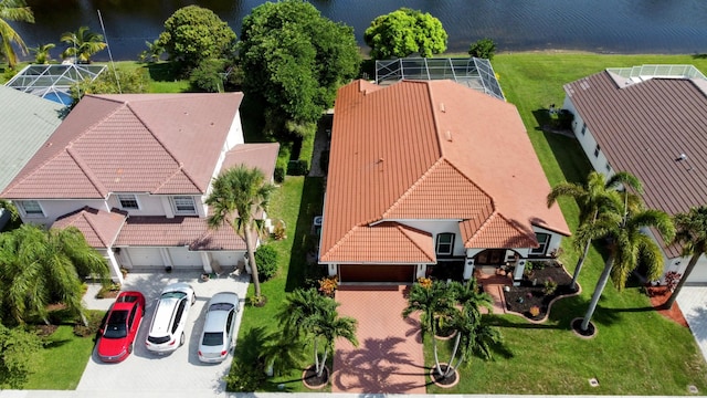 drone / aerial view featuring a water view