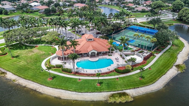 bird's eye view with a water view