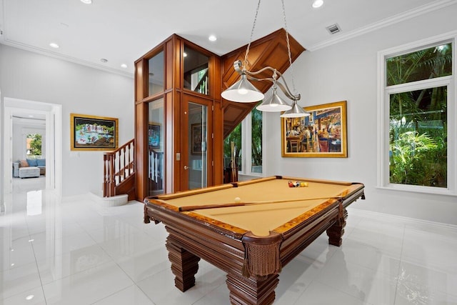 rec room featuring crown molding, a healthy amount of sunlight, pool table, and light tile patterned floors