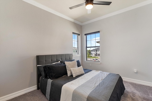 bedroom featuring carpet, ceiling fan, and ornamental molding