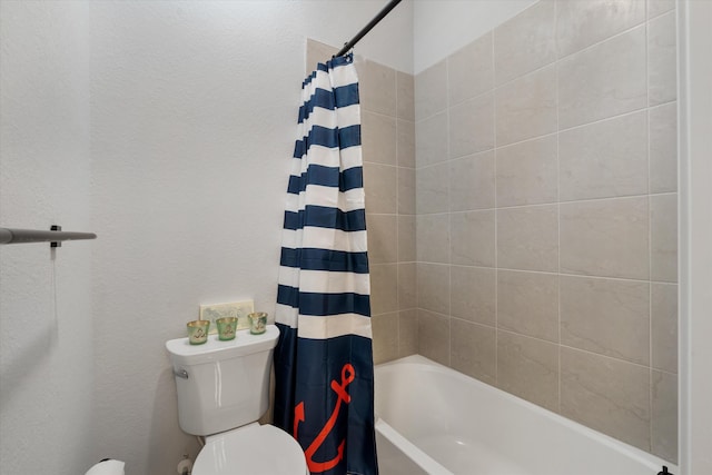 bathroom with shower / bathtub combination with curtain and toilet