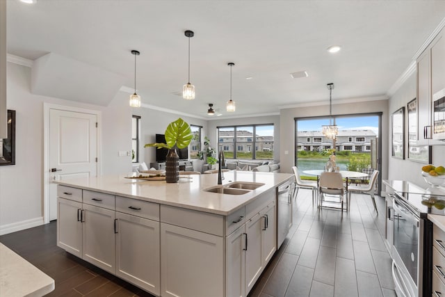 kitchen featuring dishwasher, plenty of natural light, hanging light fixtures, and range