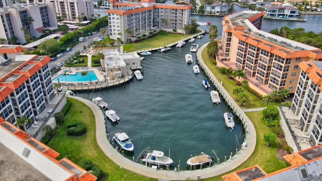 birds eye view of property featuring a water view