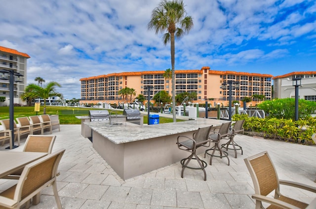 view of patio featuring area for grilling, a grill, and an outdoor bar