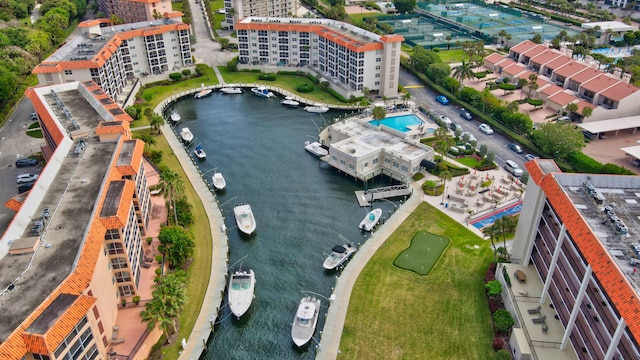 bird's eye view with a water view