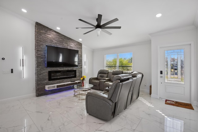 living area featuring marble finish floor, baseboards, ornamental molding, and recessed lighting