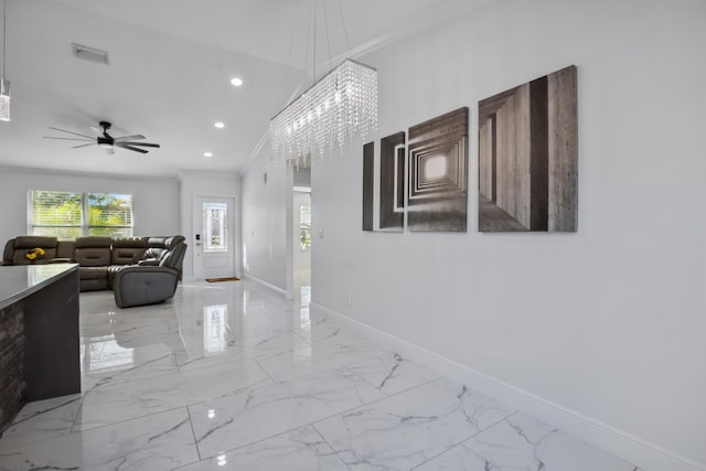 living room featuring baseboards, visible vents, ornamental molding, marble finish floor, and recessed lighting