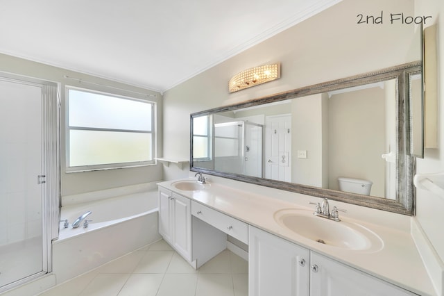 full bathroom featuring vanity, toilet, ornamental molding, and plus walk in shower