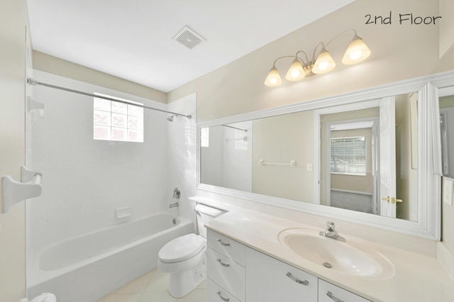 full bathroom with tile patterned flooring, vanity, toilet, and tiled shower / bath combo