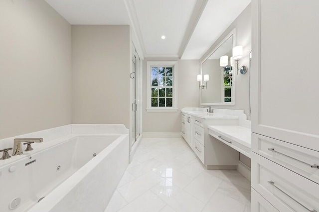 bathroom featuring vanity and independent shower and bath