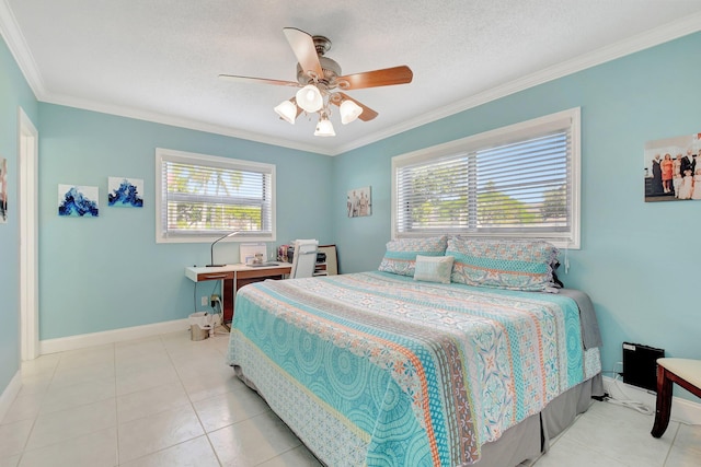 bedroom with multiple windows, ceiling fan, crown molding, and light tile patterned flooring