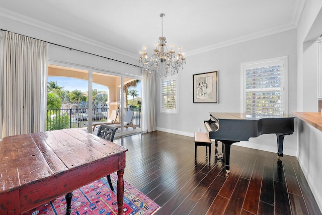 office space featuring crown molding, dark hardwood / wood-style flooring, and a notable chandelier