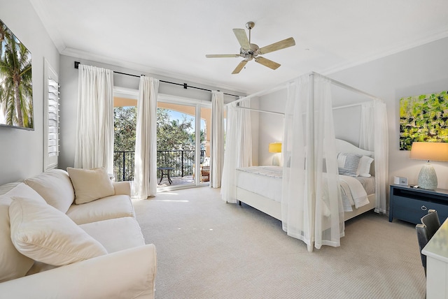 carpeted bedroom with ceiling fan, access to exterior, and crown molding