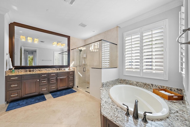 bathroom with vanity, tile patterned flooring, plus walk in shower, and ornamental molding