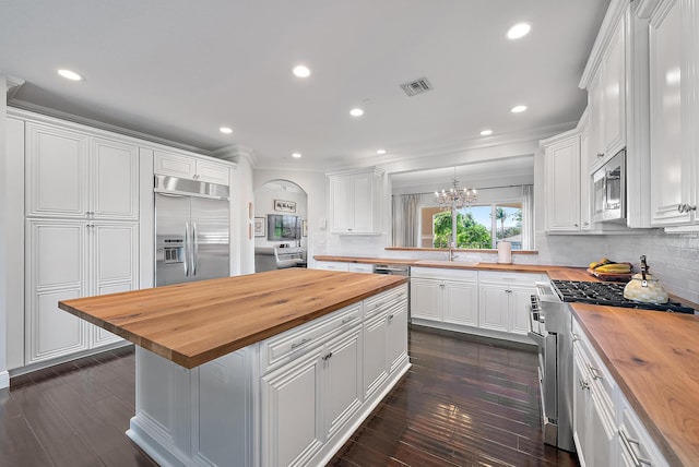 kitchen featuring wood counters, white cabinetry, high quality appliances, and sink