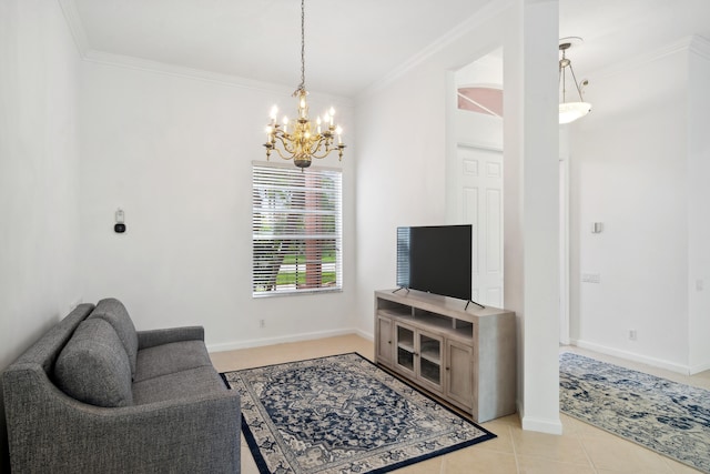 living room with ornamental molding, a notable chandelier, and light tile patterned flooring