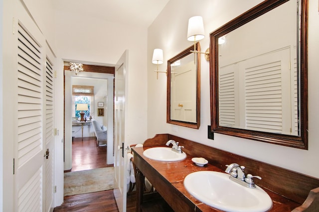 bathroom with wood-type flooring and vanity