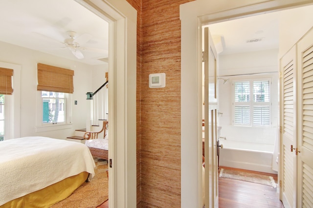 bedroom with multiple windows, wood-type flooring, and ceiling fan