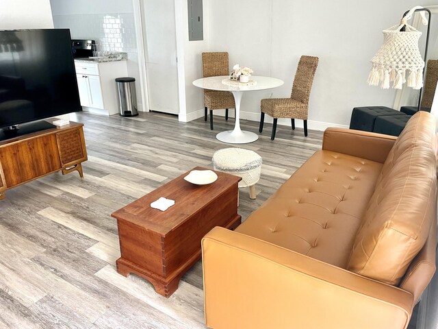 living room with light wood-type flooring and electric panel