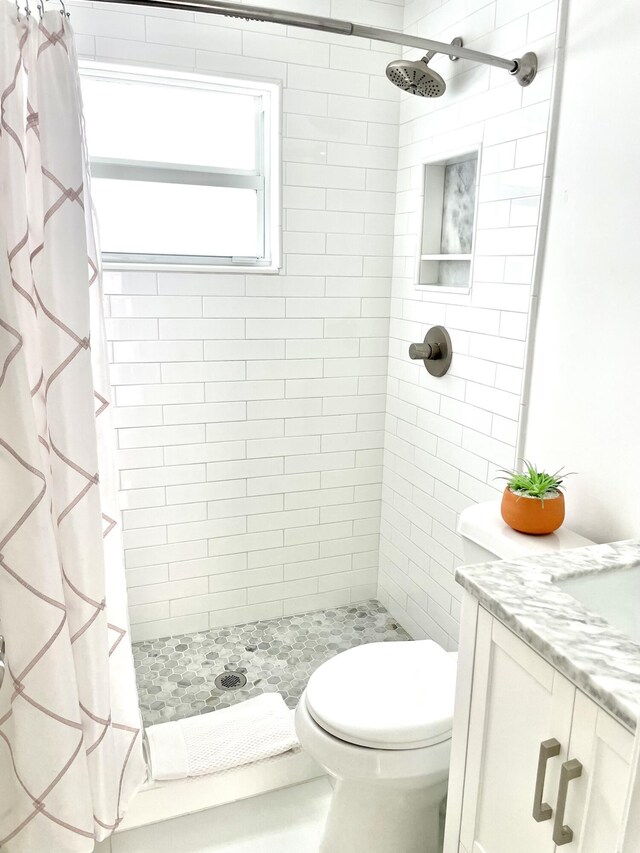 bathroom featuring toilet, vanity, and walk in shower