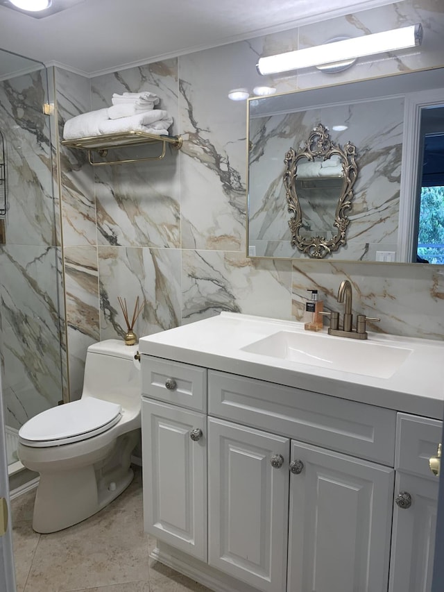 bathroom with tasteful backsplash, walk in shower, vanity, tile walls, and toilet