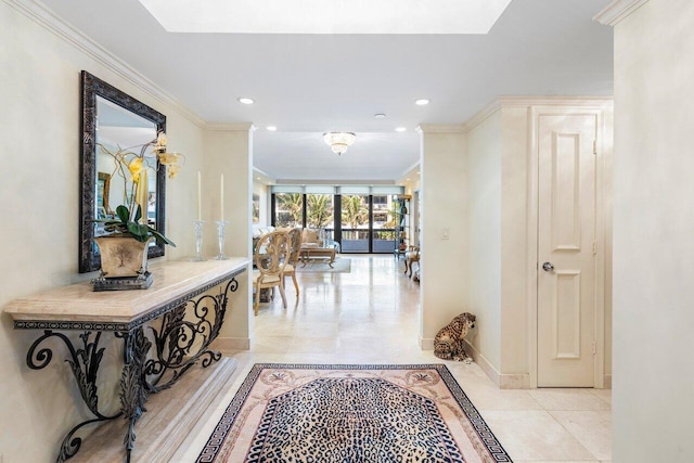 hallway featuring ornamental molding