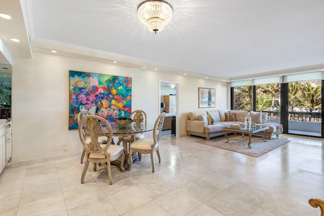 dining space with a wall of windows and an inviting chandelier