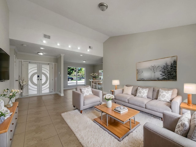 tiled living room with vaulted ceiling and ornamental molding