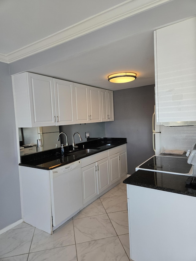 kitchen featuring dishwasher, sink, ornamental molding, white cabinets, and range