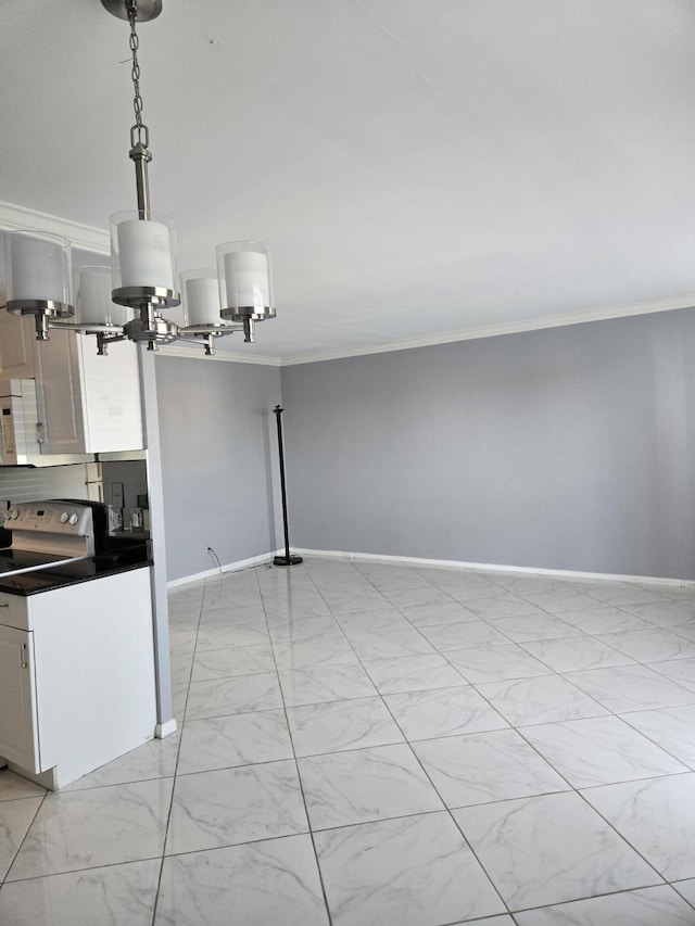 kitchen with crown molding, white cabinets, hanging light fixtures, and white appliances