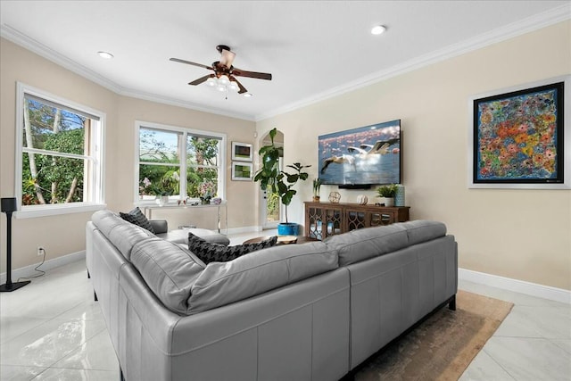 living room with ceiling fan, light tile patterned floors, and ornamental molding