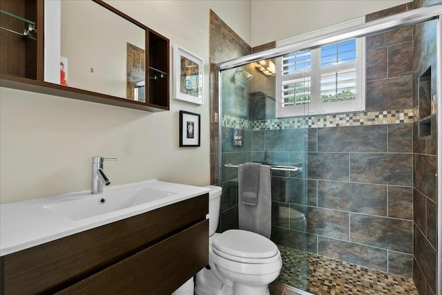 bathroom featuring vanity, toilet, and walk in shower