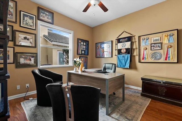 home office with ceiling fan and dark wood-type flooring