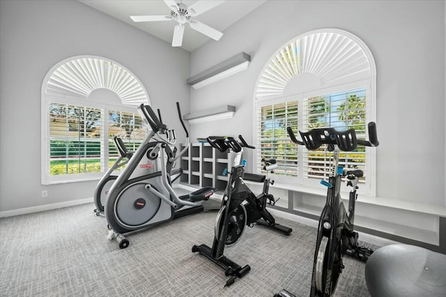 gym featuring ceiling fan and carpet floors