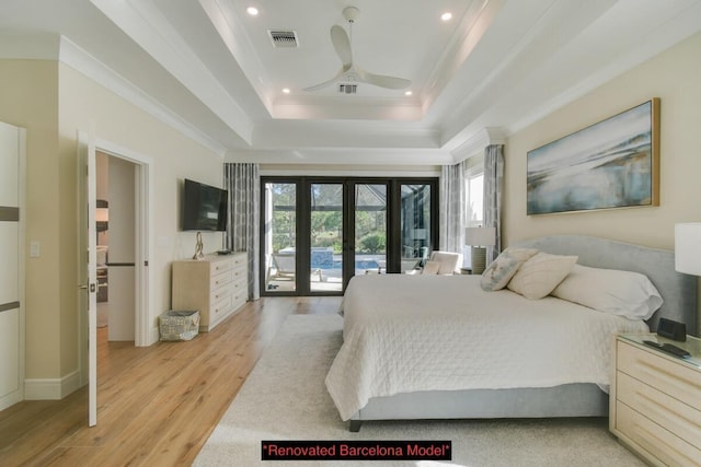 bedroom featuring access to exterior, crown molding, french doors, and multiple windows