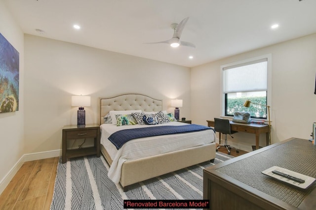 bedroom with ceiling fan and light wood-type flooring