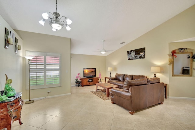 living room featuring vaulted ceiling, light tile patterned floors, and ceiling fan with notable chandelier