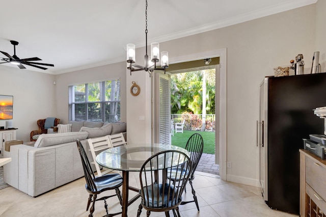 tiled dining area featuring ceiling fan with notable chandelier, crown molding, and a healthy amount of sunlight