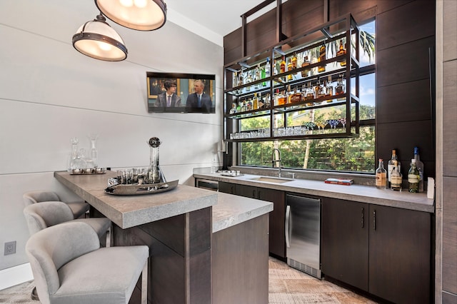 bar with dark brown cabinetry and sink