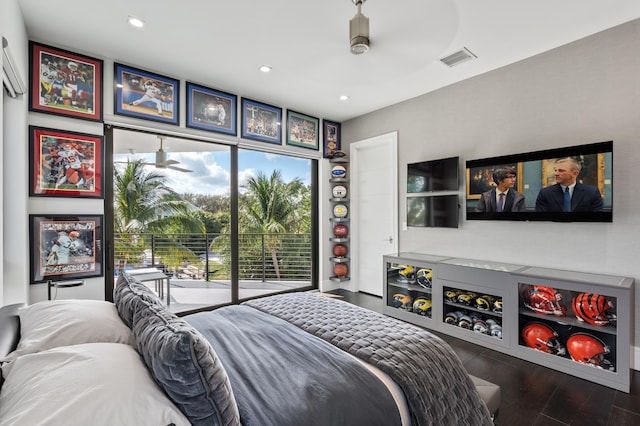 bedroom featuring hardwood / wood-style flooring, ceiling fan, and access to exterior