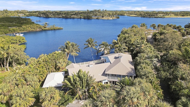 aerial view featuring a water view